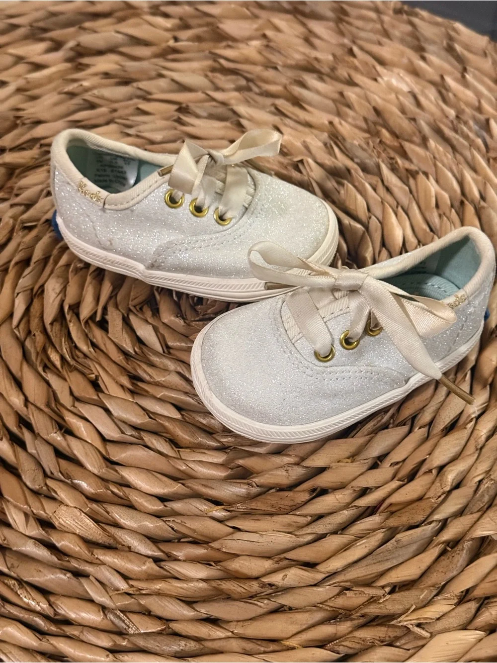 Keds Baby Glitter Lace-Up Sneakers in White with Gold Accents